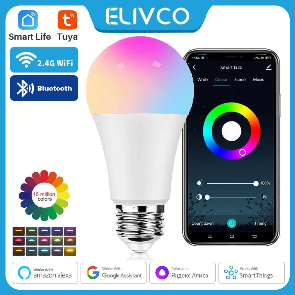 Shome Bulgaria Elivco Tuya Smart E27 Bluetooth Димируема LED крушка RGBCW 100-240V Smart Life APP