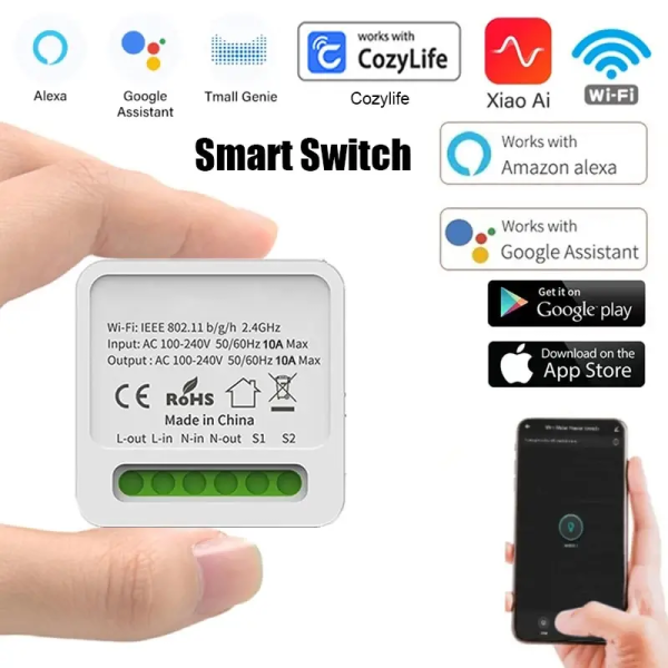 Shome Bulgaria WiFi DIY Мини Интелигентен Безжичен Двупосочен Превключвател 10А Alexa Google Home Cozylife Xiao Ai APP