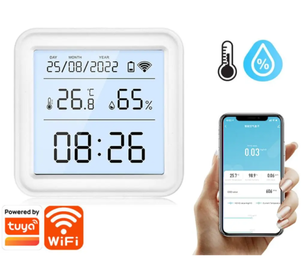 Tuya TH08 WiFi Безжичен Сензор за температура и влажност Съвместим с Alexa и Google С подсветка и дистанционен мониторинг за дома