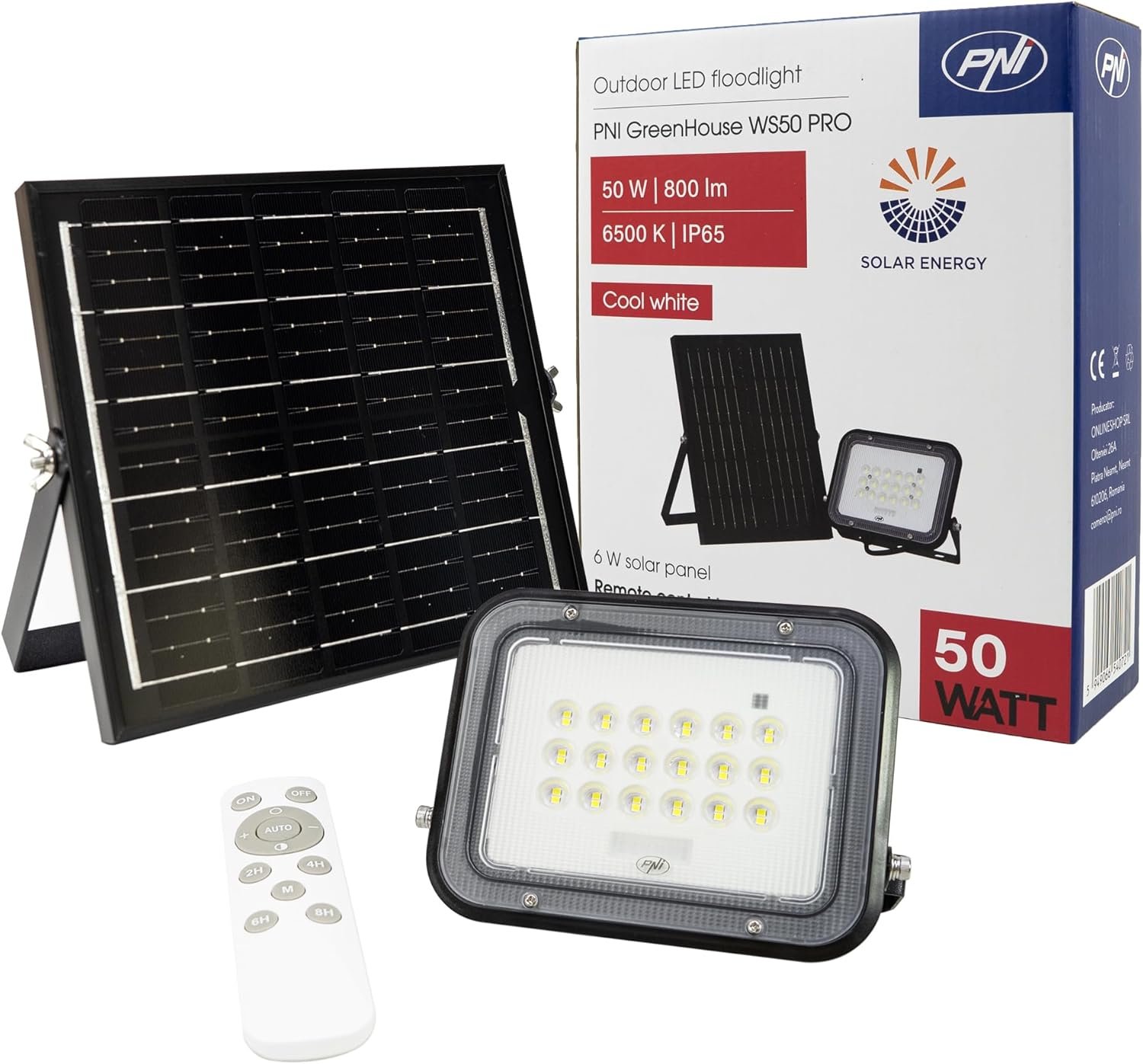 PNI Greenhouse WS50 PRO 50W LED прожектор с 6W соларен панел батерия 5000mAh 800 lm Дистанционно управление Таймер и регулируема яркост 6500K IP65