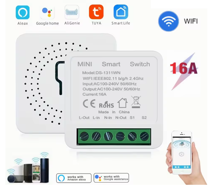 Tuya WiFi 16А Смарт Превключвател Двупосочно управление Таймер Безжично управление Автоматизация на дома Съвместим Alexa и Google Home