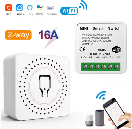 Tuya 16A WiFi Превключвател Двупосочно управление Модул за автоматизация на дома Съвместим с Alexa и Google Home