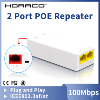 HORACO 2-портов PoE репийтър 10/100Mbps 1 към 2 PoE удължител с поддръжка на IEEE802.3af/at Plug & Play 48V за PoE суич NVR IP камери и точки за достъп (AP)