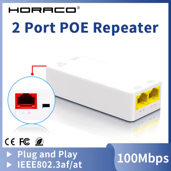 HORACO 2-портов PoE репийтър 10/100Mbps 1 към 2 PoE удължител с поддръжка на IEEE802.3af/at Plug & Play 48V за PoE суич NVR IP камери и точки за достъп (AP)