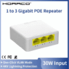 HORACO 4-портов гигабитов PoE удължител 1000M мрежов суич/ретранслатор Съвместим с IEEE802.3af/at, Plug & Play За PoE суичове, NVR, IP камери и точки за достъп (AP)