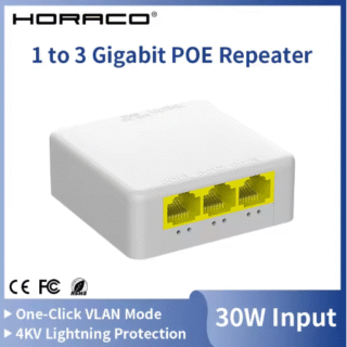 HORACO 4-портов гигабитов PoE удължител 1000M мрежов суич/ретранслатор Съвместим с IEEE802.3af/at, Plug & Play За PoE суичове, NVR, IP камери и точки за достъп (AP)