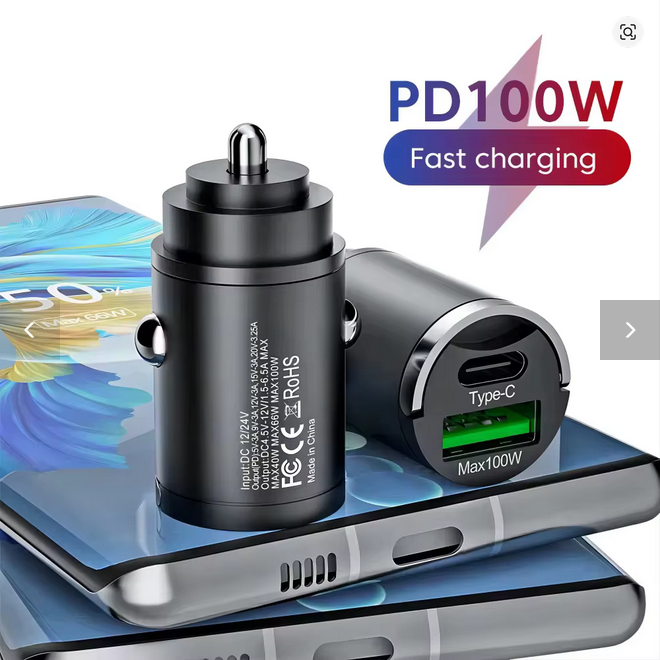 100W Мини зарядно за кола с бързо зареждане за iPhone QC3.0 и mini PD USB Type-C Зарядно за мобилен телефон