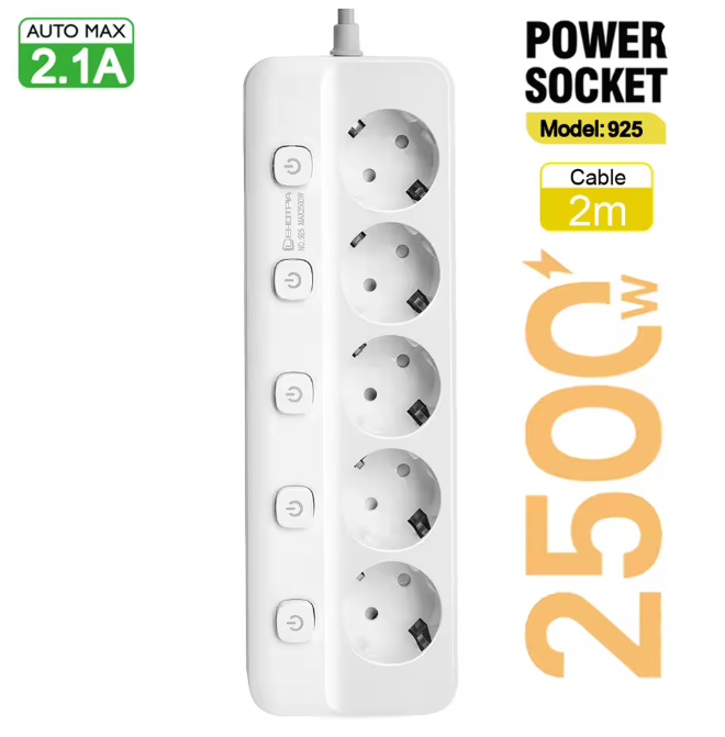 Разклонител с EU щепсел и 5 AC контакта + Бутони 10А 2500W