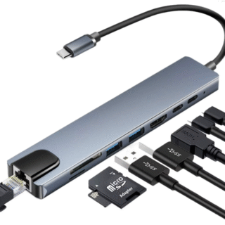 USB-C Хъб 8в1 Type-C 3.1 – 4K HDMI Адаптер RJ45 LAN 100Mbps SD/TF Четец PD Бързо Зареждане – за MacBook / Лаптоп / Notebook